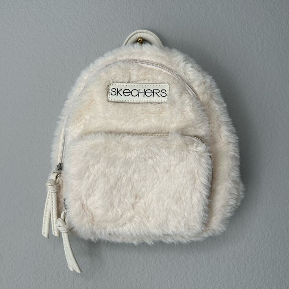 SKECHERS Faux Fur Fuzzy Vegan Leather Backpack Mini Purse in Cream